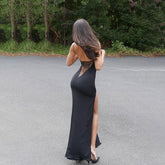 Open Back Lace Trim High Split Slip Maxi Dress - Black